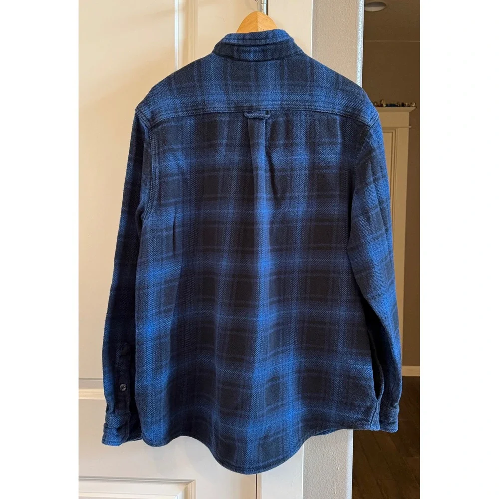 Orvis Mens XL Blue Black Plaid Flannel Shirt Jacket Heavyweight Cotton Shacket
